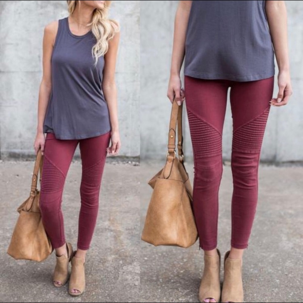 Burgundy stretch biker pant